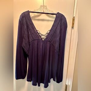 Lucky Brand Navy Textured V-Neck Lace-Up Top